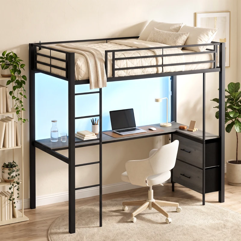 HOMCOM Metal Bunk Bed with Desk, High Sleeper Bed with LED Light and Safety Guardrail for Teens Adults, No Box Spring Needed