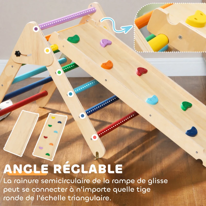 AIYAPLAY Triangle escalade enfants 3 en 1, rampe double-face pour grimper et glisser, charge 50 kg, 147x64,5x63cm, multicolore