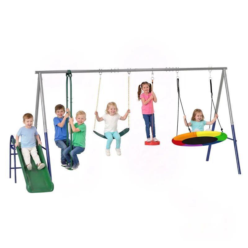 AIYAPLAY Balançoire Portique Enfants 5 en 1 avec Toboggan, 3 Balançoire, Face à Face, Hauteur Réglable, 3-8 ans, Multicolore