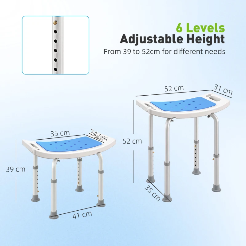 HOMCOM Sgabello per Doccia da Bagno in Lega di Alluminio e Plastica Antiscivolo, Sgabello Bagno con Altezza Regolabile 6 Livelli 39-52cm, Blu