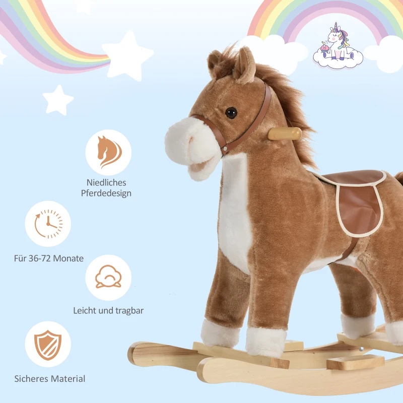 HOMCOM kinderschommel paardpluche bruin 65 x 32,5 x 61 cm met dierengeluiden speelgoed handgrepen(m-4)