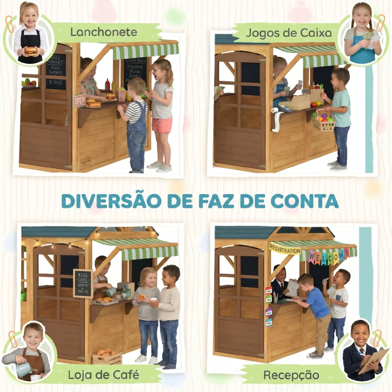 AIYAPLAY Casinha de Jogos Infantil de Madeira com Janelas Lousas Telhado e Toldo 173x117x144 cm Madeira Natural