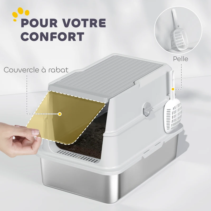 PawHut Bac à litière fermé XL en acier inoxydable, maison de toilette pour grand chat, 60,2 x 40,2 x 43,3 cm, gris clair