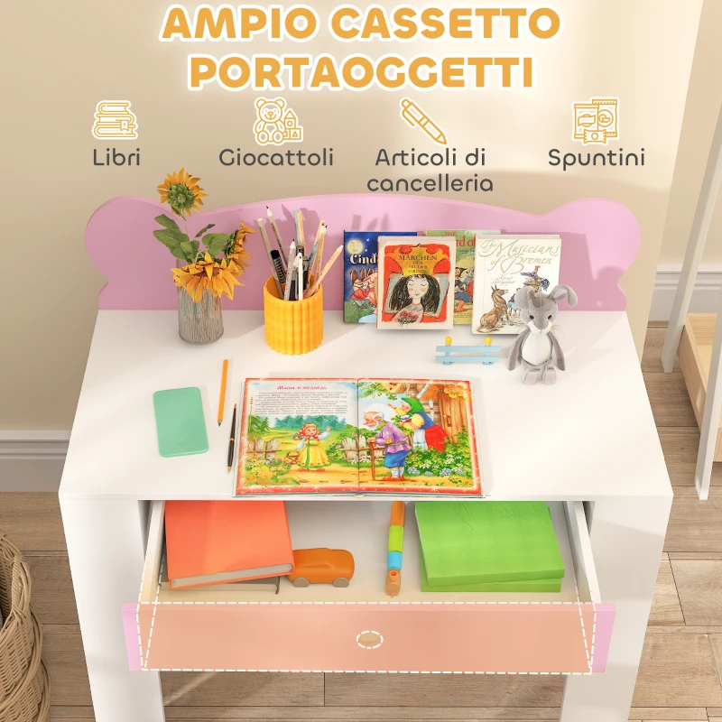 AIYAPLAY Set Scrivania per Bambini con Cassetto e Sedia con Schienale a Orsetto, Età 3-8 Anni, Rosa