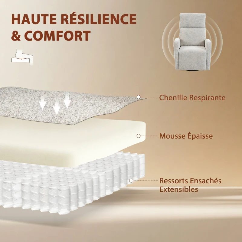 HOMCOM Fauteuil inclinable de massage et chauffage, fauteuil de relaxation en chenille, dossier réglable, pivotant 360°, crème