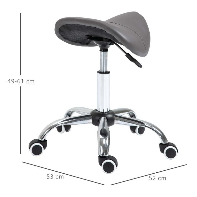 HOMCOM Tabouret à roulettes, tabouret de massage avec hauteur réglable 49-61 cm et selle ergonomique, chaise de travail à roulettes pivotant 360°, pour salon de massage tatouage clinique spa, gris