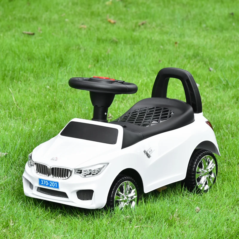 HOMCOM Porteur enfants voiture, véhicule à pousser avec coffre à jouets, klaxon, phares et musique, 63,5 x 28 x 36 cm, blanc