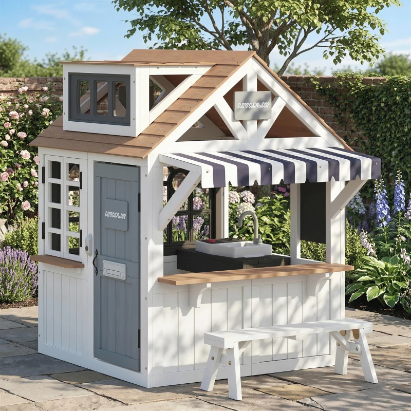 AIYAPLAY Cabane enfant extérieur en bois, maison enfant extérieure avec chatière, ustensiles de cuisine, banc et sonnette, blanc