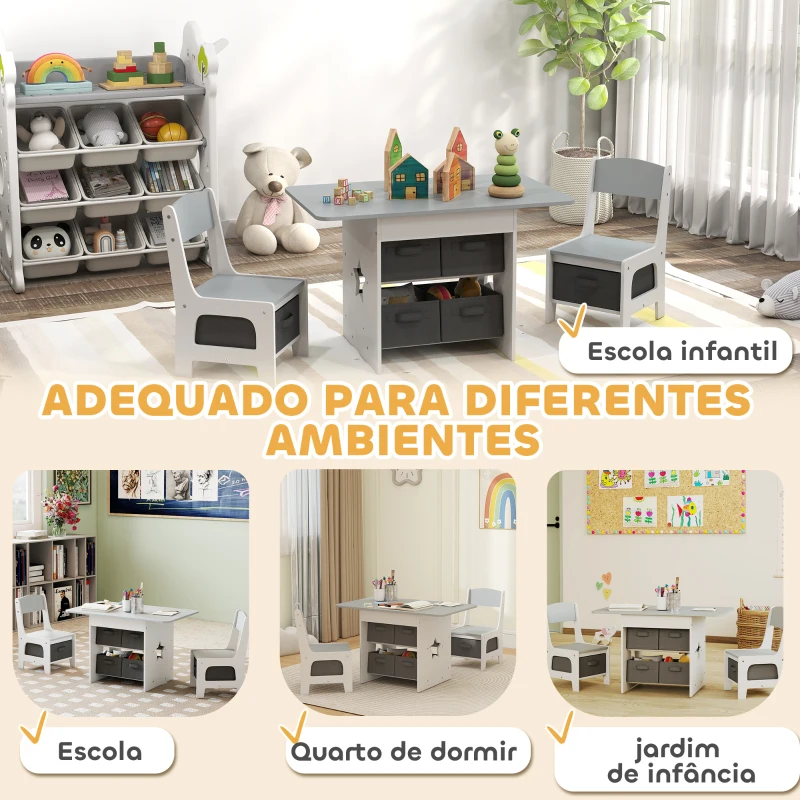 AIYAPLAY Mesa Infantil com 2 Cadeiras Mesa e Cadeiras para Crianças com 6 Gavetas de Tecido Desenho Estrelas Cinza Claro