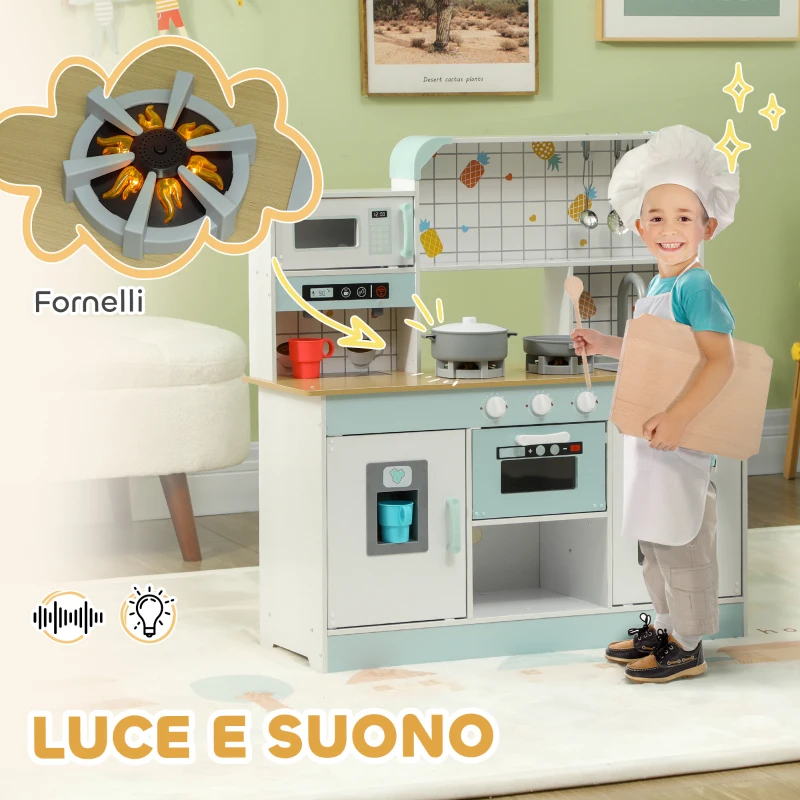 AIYAPLAY Cucina Giocattolo per Bambini 3+ Anni in Legno, Fornello Interattivo, Forno e Macchina Caffè, Bianco