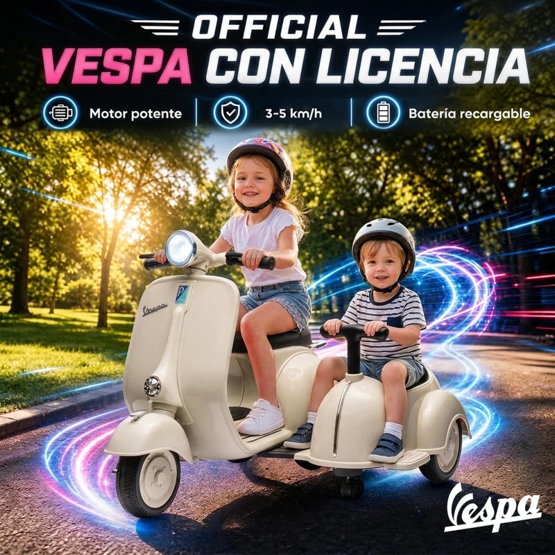 AIYAPLAY Moto Eléctrica para Niños Licencia VESPA con 2 Asientos Arranque Suave Luz Delantera Música USB y Almacenamiento Crema