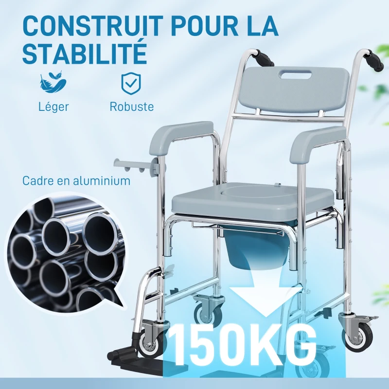 HOMCOM Chaise percée adulte à roulettes, chaise percée de douche avec repose-pieds, dossier et accoudoirs, 53x97x97cm, gris
