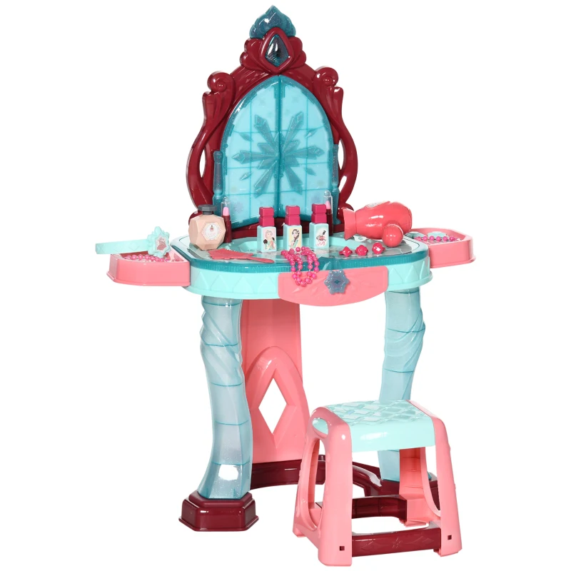 AIYAPLAY Coiffeuse Enfant Fille avec Miroir Magique, Musique, Plateaux, Tiroir et Accessoires, 3-6 Ans, 57x34x76cm, Multicolore