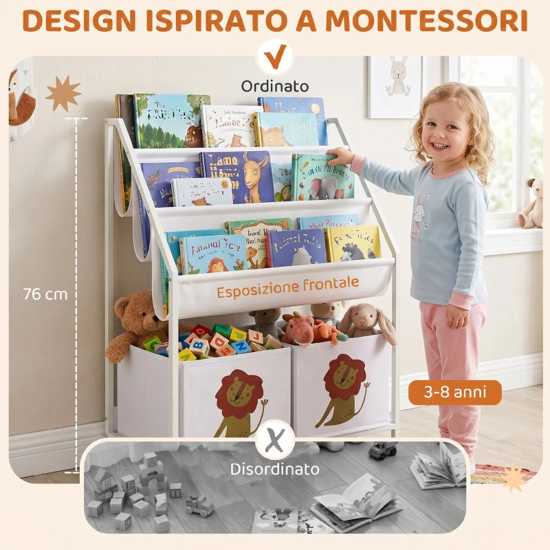 AIYAPLAY Libreria Montessoriana per Bambini 3-8 Anni con 4 Ripiani e 2 Contenitori con Stampa di Leone, Bianco