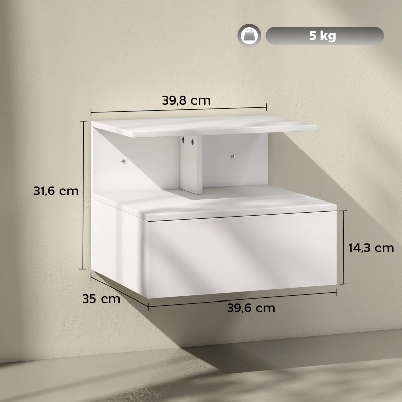HOMCOM Zwevend nachtkastje met lade en open vak, wit, 39,8 x 35 x 31,6 cm