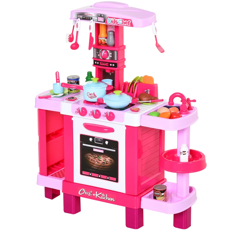 HOMCOM Cocina de Juguete para Niños Mayores de 3 Años con 38 Accesorios Luz Sonido Juegos de Rol Temprano Educativo 78x29x87 cm Rosa