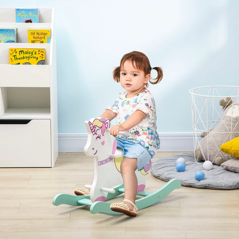 HOMCOM Cavallo a Dondolo per Bambini 1-3 Anni con Maniglie, Schienale e Pedali in MDF, 68L x 27P x 47.5A cm, Multicolore
