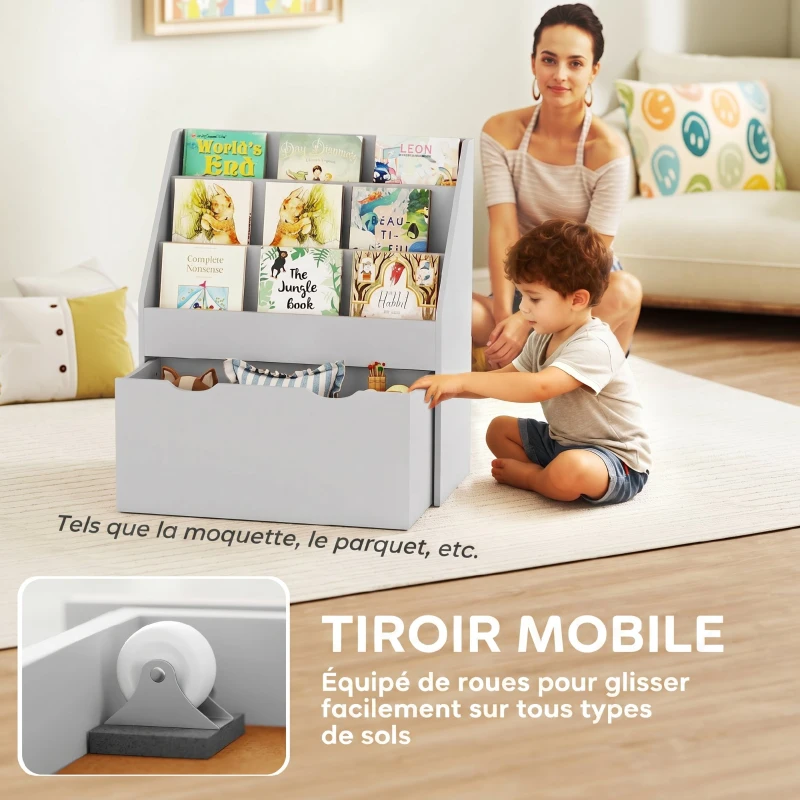 AIYAPLAY Bibliothèque pour enfants Multi-Rangement avec 3 niveaux d'étagères et un tiroir, 62,5L x 30l x 70H cm, gris