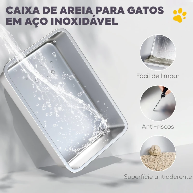 PawHut Caixa de Areia para Gatos Aço Inoxidável Interior XL com Pá Cinza Claro