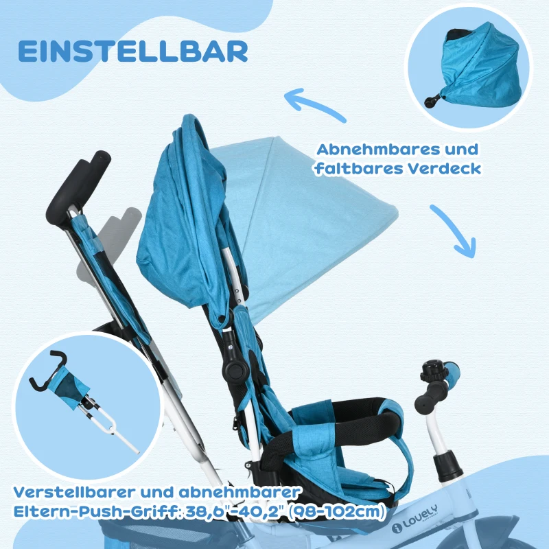 HOMCOM Kinderdriewieler, Kinderfiets, Achtermand, Bekerhouder, Zonnedak, Metaal, Blauw