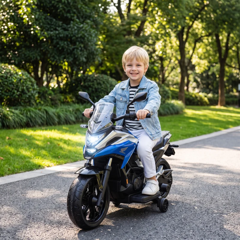 AIYAPLAY Licensed Honda 12V Kids Electric Motorbike with Training Wheels, Soft Start, Headlights, Music for 3-6 Years, Blue