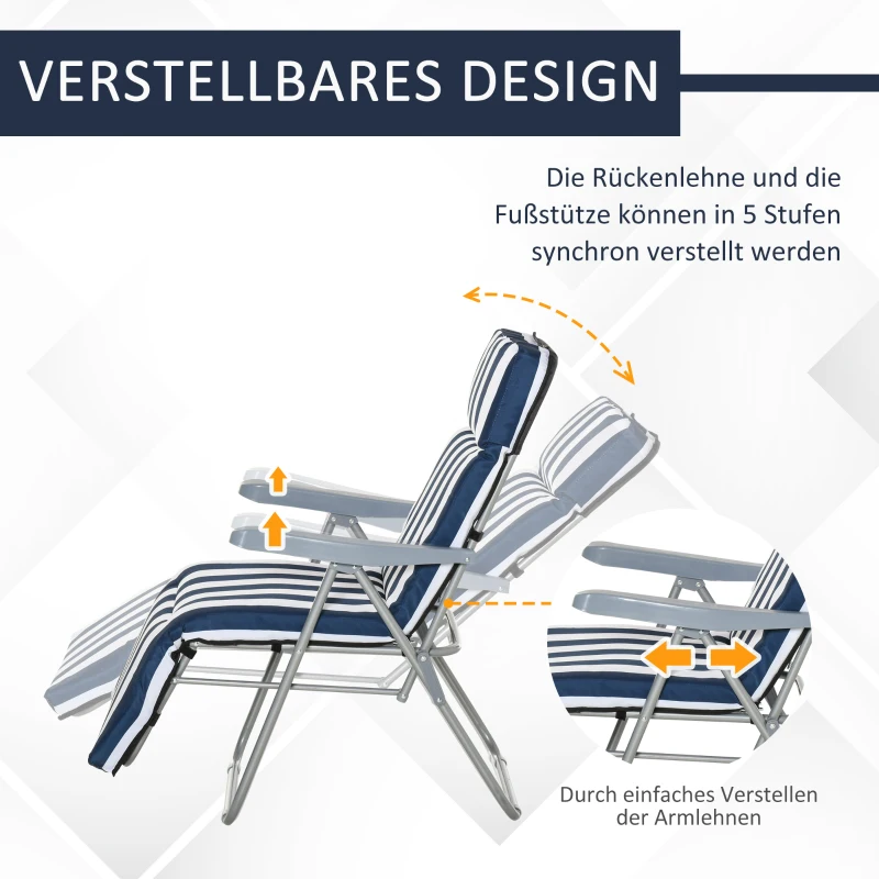 Outsunny Tuinstoel 2x Inklapbaar 60x75x104cm, Verstelbare Rugleuning, 5 Standen, Blauw Wit