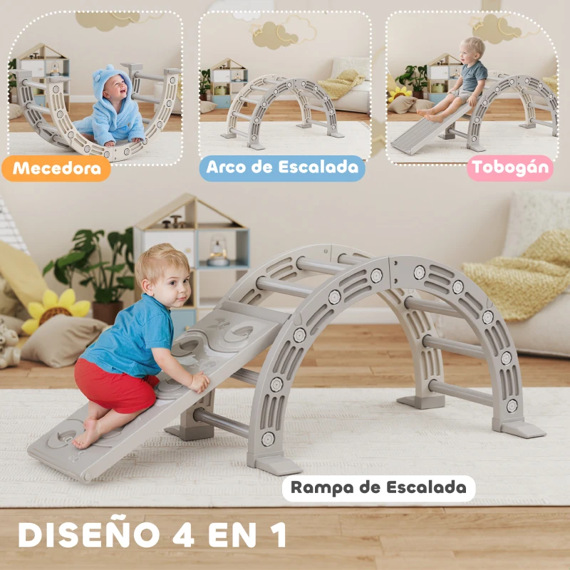 AIYAPLAY Escalada para Niños de 18-48 Meses 4 en 1 con Arco de Escalada Mecedora Rampa y Tobogán 164x70x57 cm Gris y Blanco