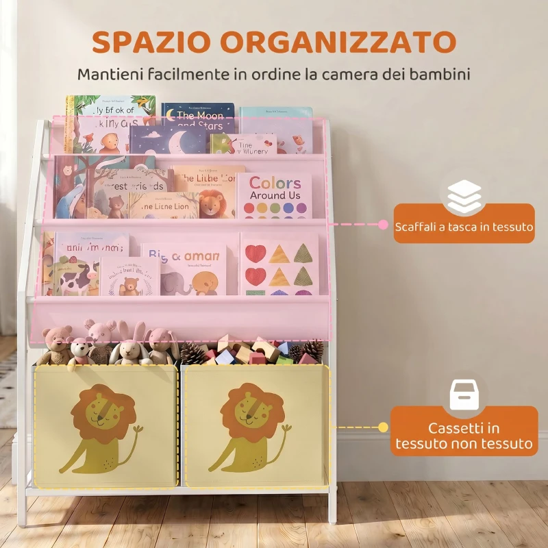 AIYAPLAY Libreria Montessoriana per Bambini 3-8 Anni con 4 Ripiani e 2 Contenitori con Stampa di Leone, Bianco