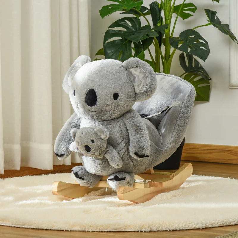 HOMCOM Kids Toddler Rocking Horse Plush Ride On Koala Rocker Wooden Base Seat Safety Belt w/ Gloved Doll Toy for 18-36 Months Grey