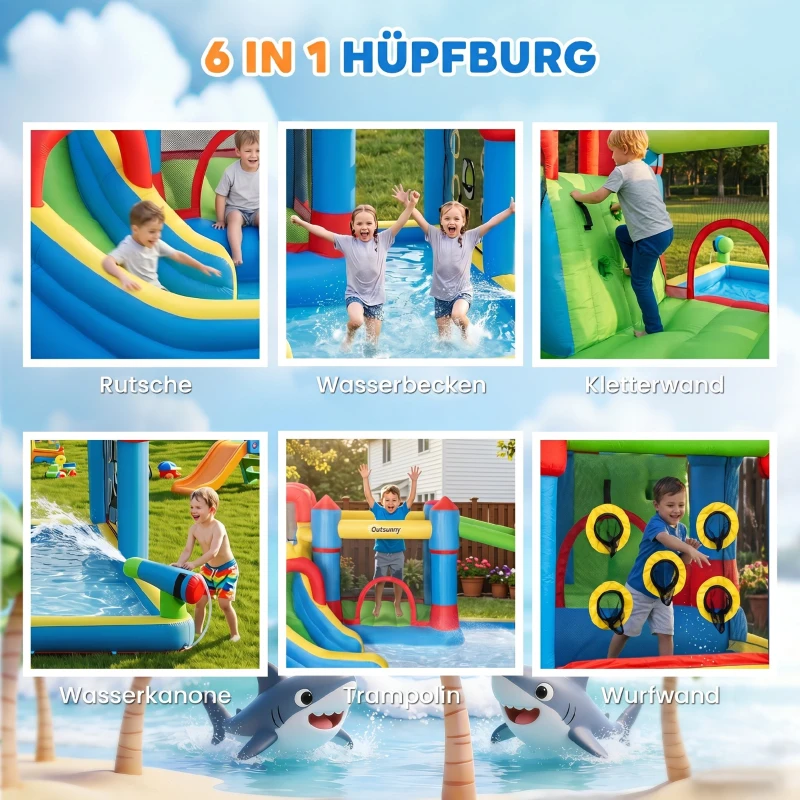Outsunny Hüpfburg inkl. Gebläse, Märchenschloss; In- und Outdoor, 390 cm x 300 cm x 197 cm, Bunt