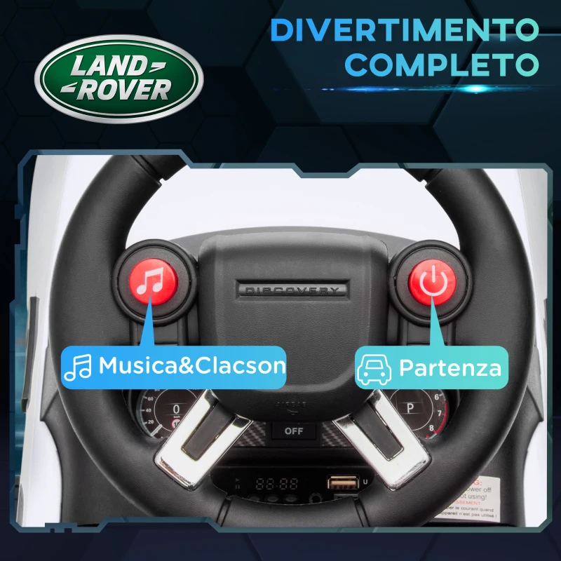 AIYAPLAY Macchina per Bambini con Licenza Land Rover 6V, Funzionamento Elettrico e a Spinta, Velocità 3km/h, Bianco