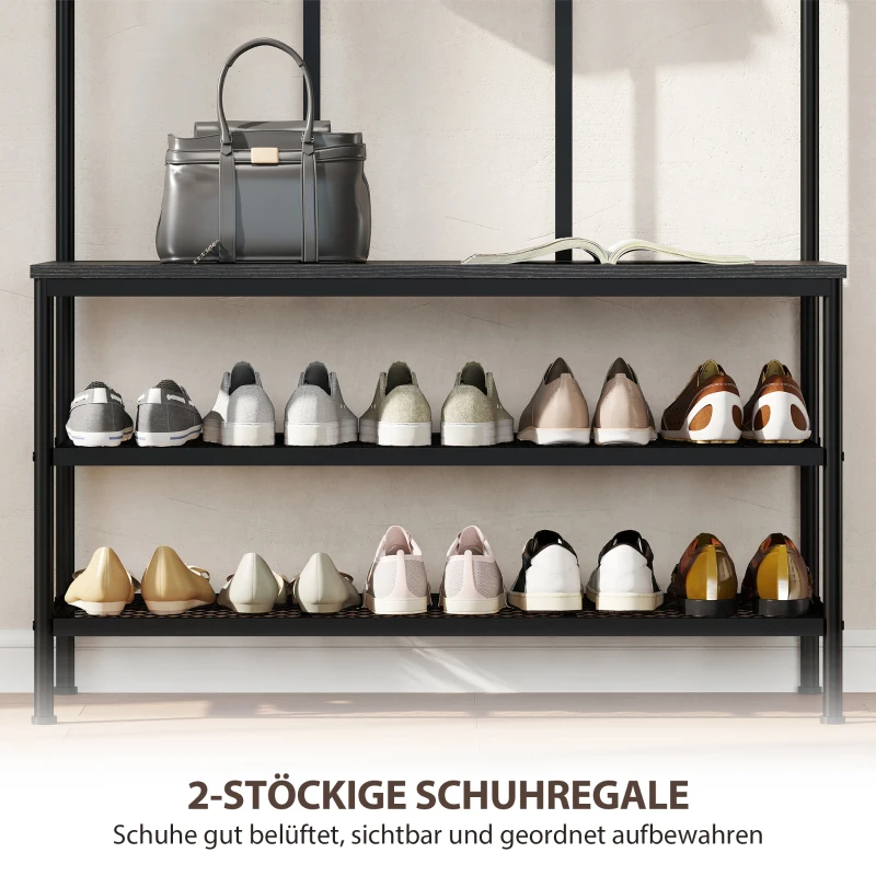 HOMCOM 3-in-1 kapstok met haken, bankje en schoenrek, metaal & spaanplaat, zwart