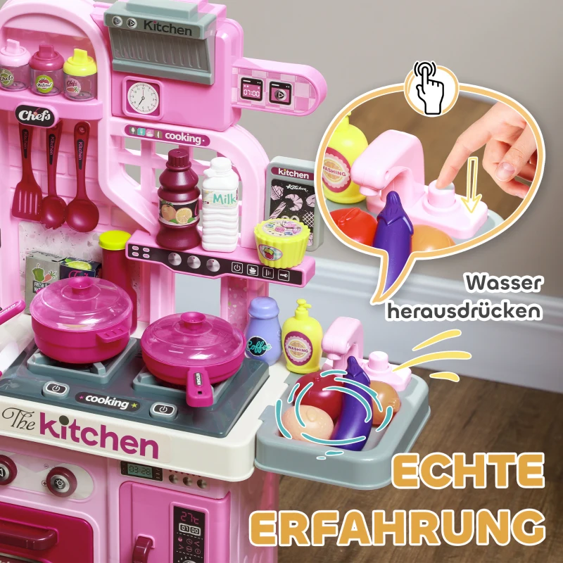 AIYAPLAY Speelkeuken, 33-delig Set, Licht- & Geluidseffecten, voor Kinderen 3-6 Jaar, Roze(m-5)