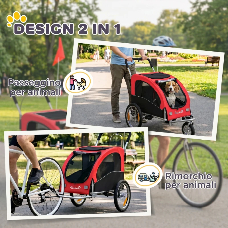 PawHut Rimorchio Bici e Passeggino Pieghevole per Cani Media, 2 in 1 in Acciaio e Tessuto Oxford 600D, Rosso