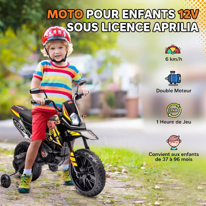 AIYAPLAY Moto électrique enfants sous licence Aprilia avec 2 moteurs 12V, roues d'entraînement, lumière LED, musique - jaune