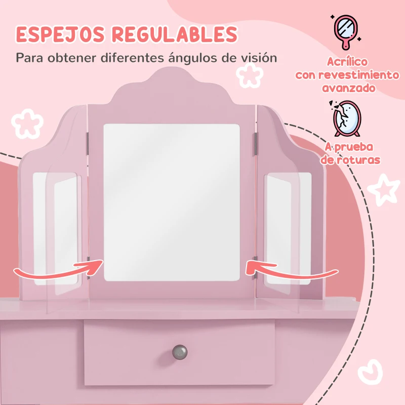 HOMCOM Tocador Infantil con Taburete y Espejo Ajustable Tocador para Niñas de 3-6 Años con Cajón Rosa