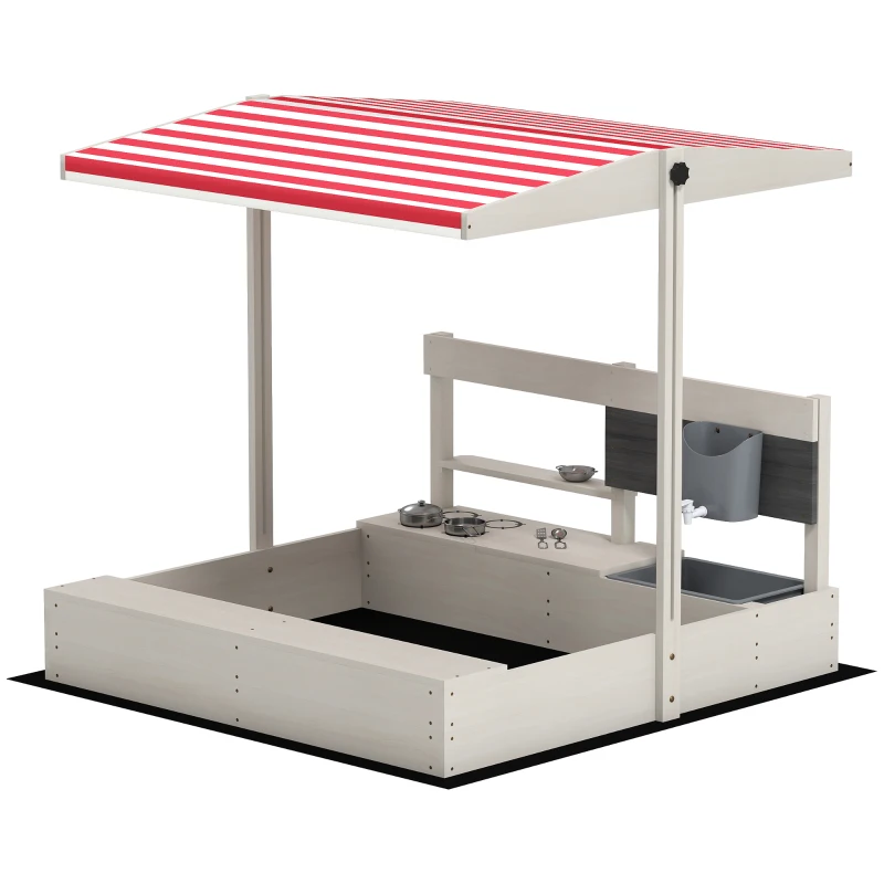 Outsunny Kids Wooden Sandbox w/ Canopy, Kitchen Toys, Seat, Storage, for Ages 3-7 Years