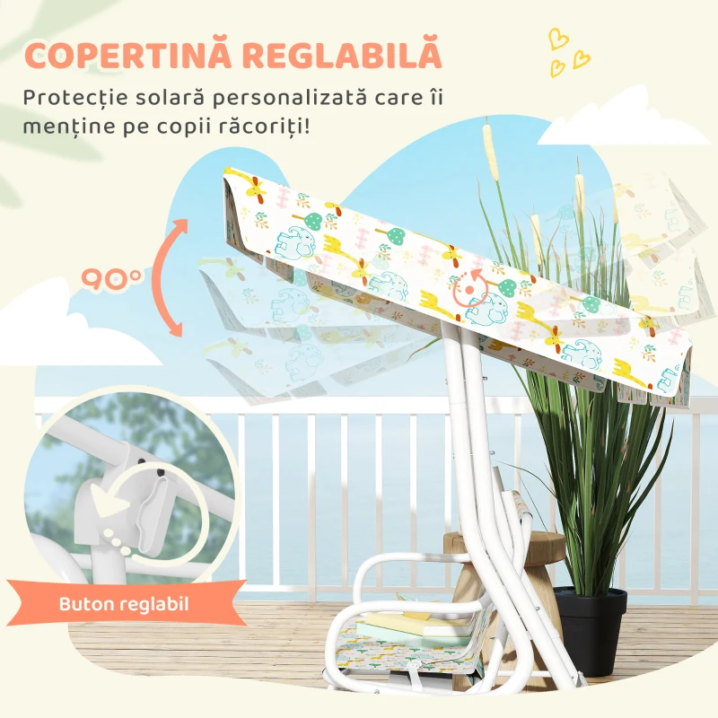 AIYAPLAY Leagăn pentru Copii de Exterior cu 2 Locuri, Acoperiș Reglabil și Centuri de Siguranță, 112x75x120 cm, Alb