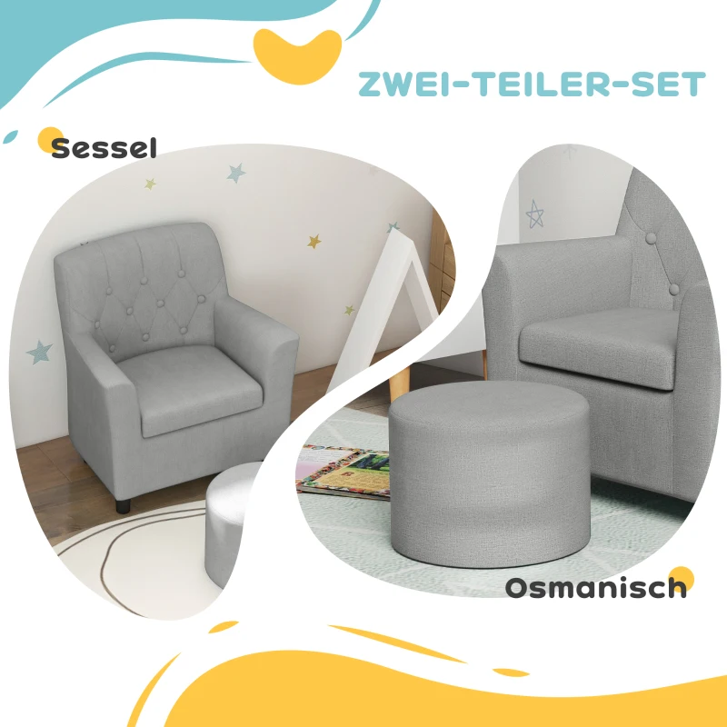 AIYAPLAY Kinderstoel met Poef, Rugleuning in Diamantpatroon, Zachte Zitplaats, Houten Frame, Grijs