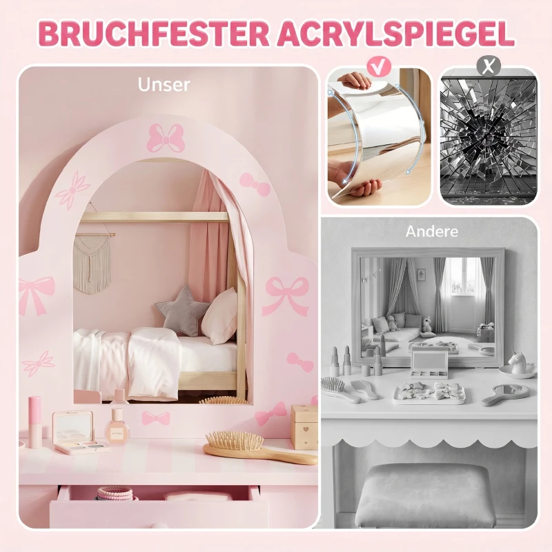 AIYAPLAY Kinder Schminktisch Set 2 in 1 Frisiertisch Schreibtisch mit Hocker abnehmbarem Spiegel Schublade für Mädchen 3-6 Rosa