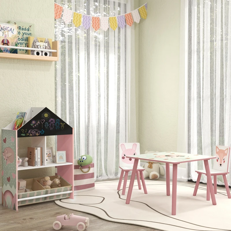 ZONEKIZ Conjunto para Crianças Inclui 1 Estante para Brinquedos com 2 Caixas de Tecido não Tecido e 1 Mesa com 2 Cadeiras Rosa