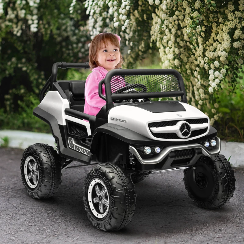 HOMCOM Voiture électrique 4x4 pour enfants de 3 à 8 ans Mercedes-Benz Unimog avec télécommande roues suspendues klaxons blanc