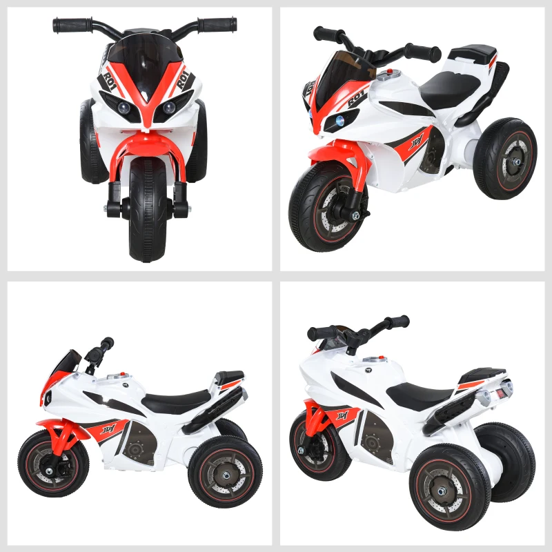 HOMCOM Moto Giocattolo a 3 Ruote per Bambini 18-36 Mesi, Motocicletta Cavalcabile Stile Polizia con Musica e Fari Senza Pedali in PP e Metallo Bianco e Rosso