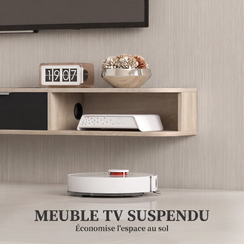 HOMCOM Meuble TV suspendu, meuble télé pour téléviseur jusqu'à 75 pouces, tiroir rabattable 2 étagères 180x24x16cm bois naturel