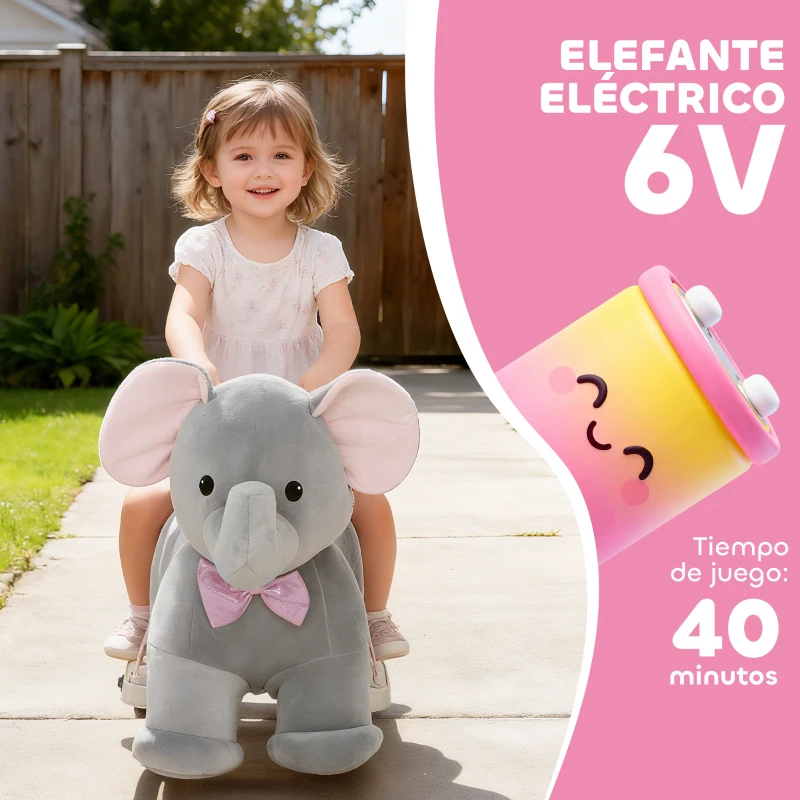AIYAPLAY Elefante Eléctrico con Música Batería 6V Tacto Suave Ruedas Silenciosas de PU Marcha Adelante Gris