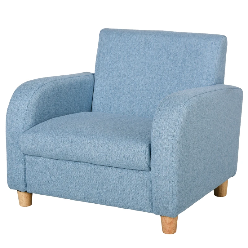 HOMCOM kinderfauteuil kinderbank met dik schuim en dikke zitkussens kinderbankstoel ligbank met anti-slip pootjes voor 3-6 jaar kinderen hout linnen schuim blauw 49x45x44,5 cm