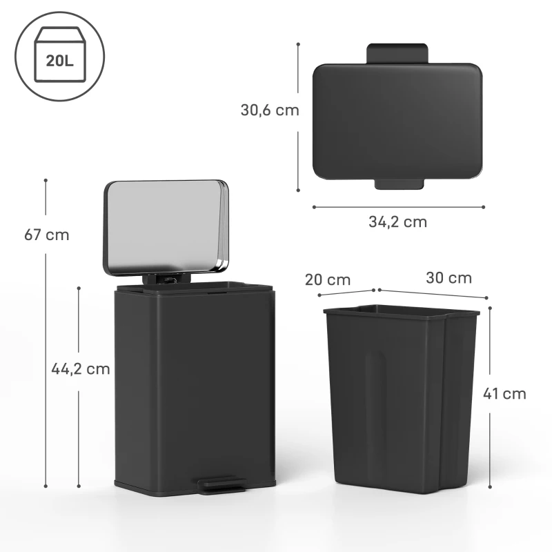 HOMCOM Pedaalemmer 20 liter met softclose-deksel, pedaal en uitneembare binnenemmer, matzwart, 34,2 x 30,6 x 44,2 cm