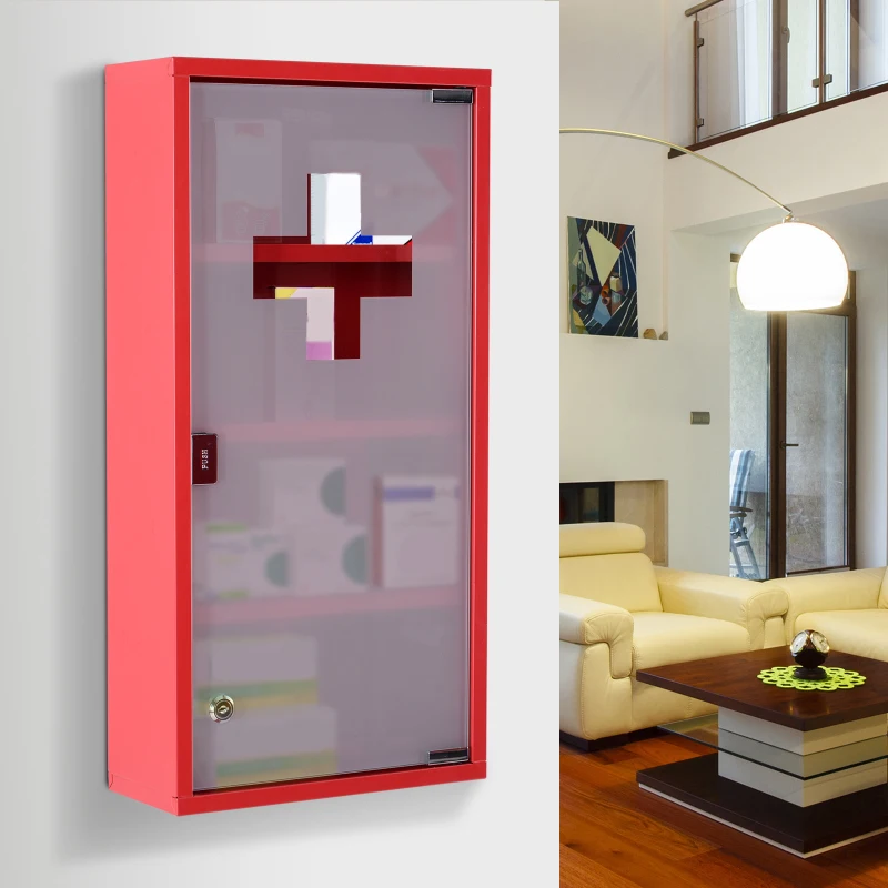 HOMCOM Armoire à Pharmacie 3 étagères 4 Niveaux verrouillable Porte Verre trempé dépoli Logo Croix 30L x 12l x 60H cm Acier Rouge