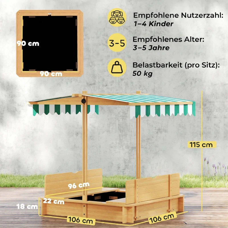 Outsunny Zandbak 106x106 cm van Hout met Verstelbare Overkapping, Zitbanken en Rugleuningen in Lichtbruin
