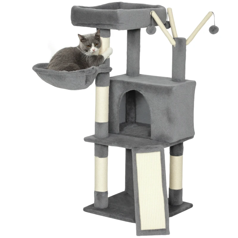 PawHut Arbre à chat tour de jeux pour chats griffoirs et tapis en sisal, plate-forme, niche, hamac, 40,5 x 40,5 x 103 cm, gris